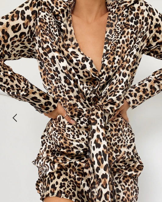 Lace-up Leopard Lapel Floral Mini Dresses