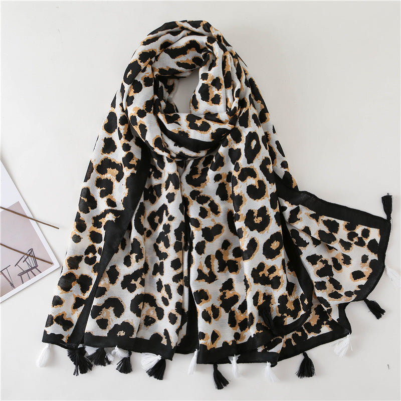 Tassel Fringe Leopard Print Scarf Shawl for Women Ladies Girls