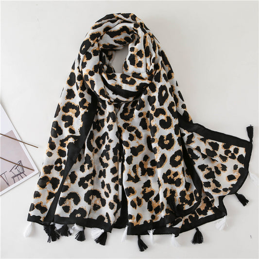 Tassel Fringe Leopard Print Scarf Shawl for Women Ladies Girls