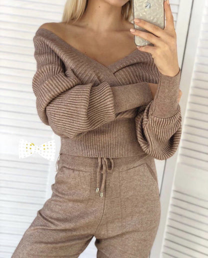 Sexy Multicolor Strapless Sweater Knit Sports Suit