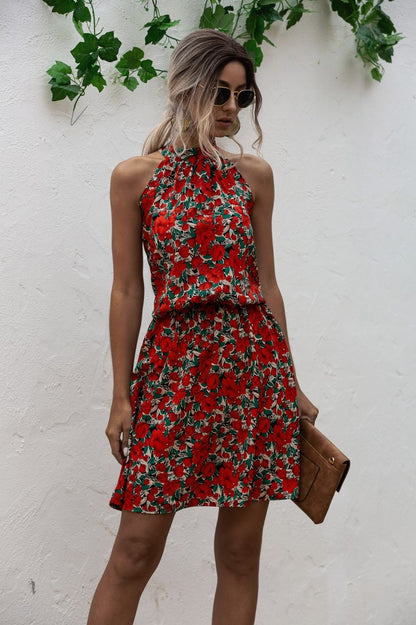 Floral Yellow Bohemian Boho Printed Hanging Neck Straps Mini Dresses