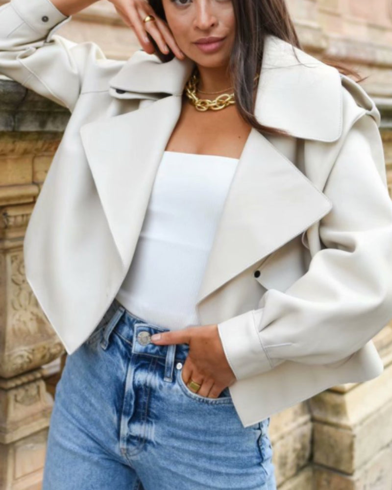 Pile Collar Pocket Crop Leather Tops Jacket Outerwear