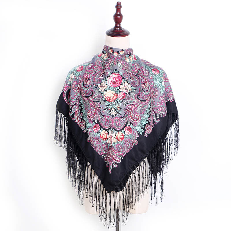 Ethnic Retro Flower Square Scarf Shawl Fringed Scarves for Women Ladies Girls