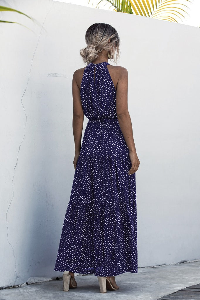 Navy Blue Wave Bohemian Boho Printed Hanging Neck Straps Maxi Dresses