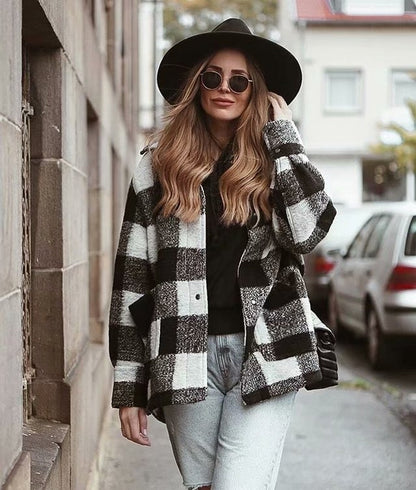 Black And White Grid Single-breasted Shirt Style Cardigan Coat