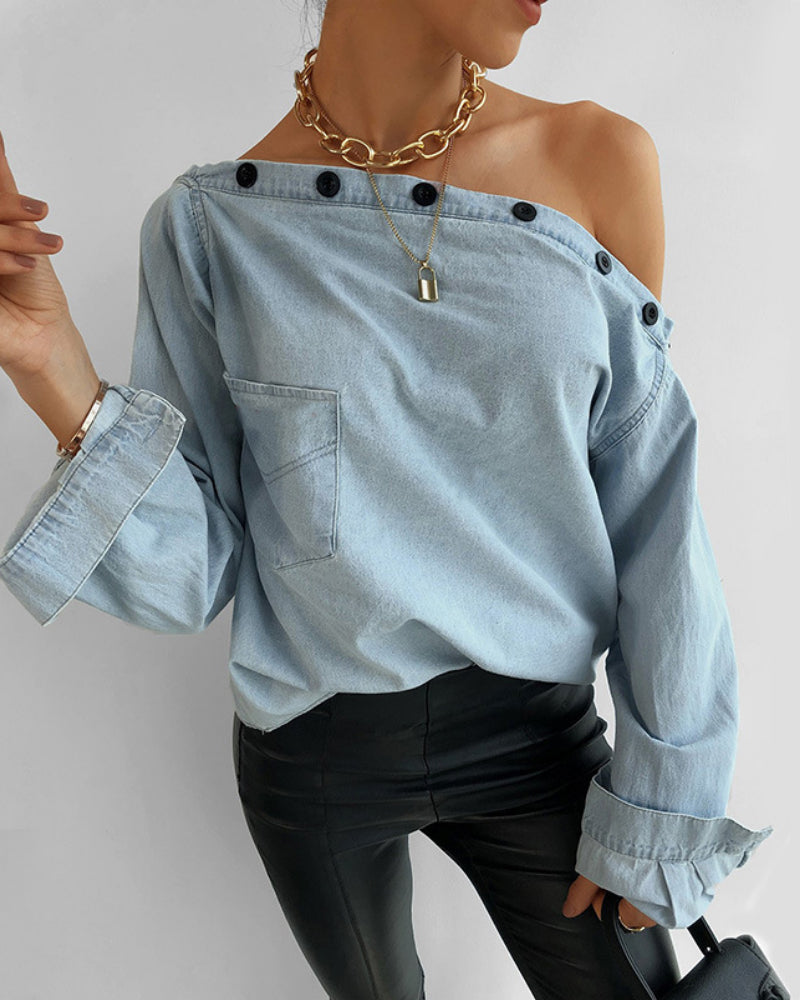 Casual One Shoulder Botton Collar Denim Shirt Blouses