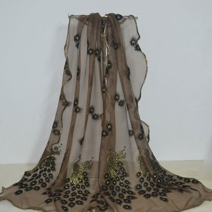 Fashion Lace Scarf Net Yarn Printing Peacock Stitching Flocking Phoenix Scarf for Women Ladies Girls