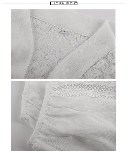 Women White V Neck Hollow Long Sleeve Shirt