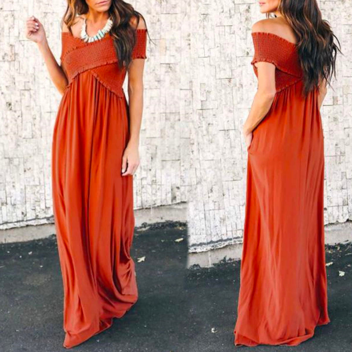 Wrinkle Off The Shoulder Party Vacation Maxi Dresses