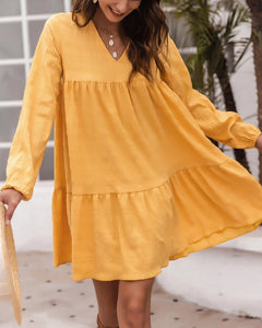 Yellow V-neck Bubble Sleeves Long Sleeves Mini Dresses