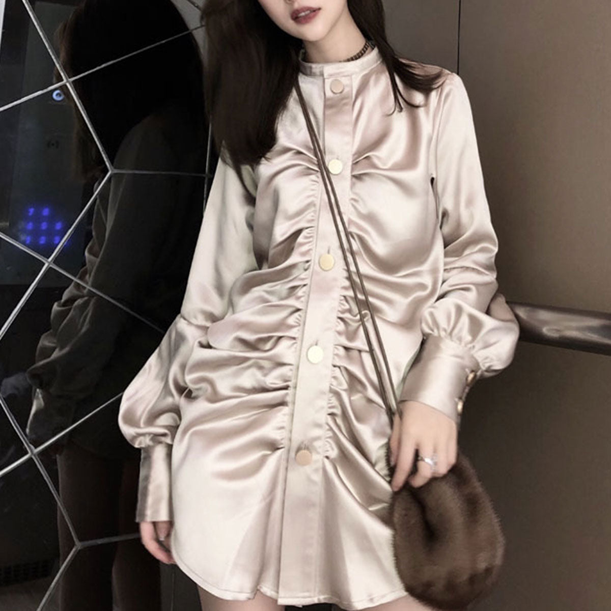 Champagne Satin Pleated Long Sleeve Gold Buttoned Shirt Mini Dresses