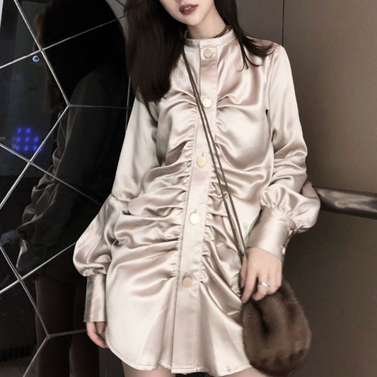 Champagne Satin Pleated Long Sleeve Gold Buttoned Shirt Mini Dresses