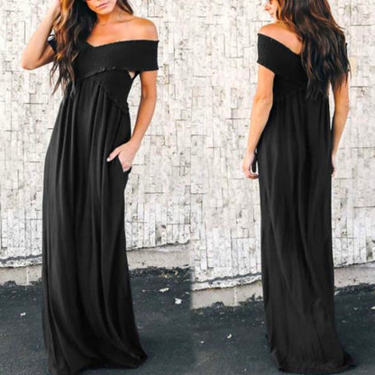 Wrinkle Off The Shoulder Party Vacation Maxi Dresses