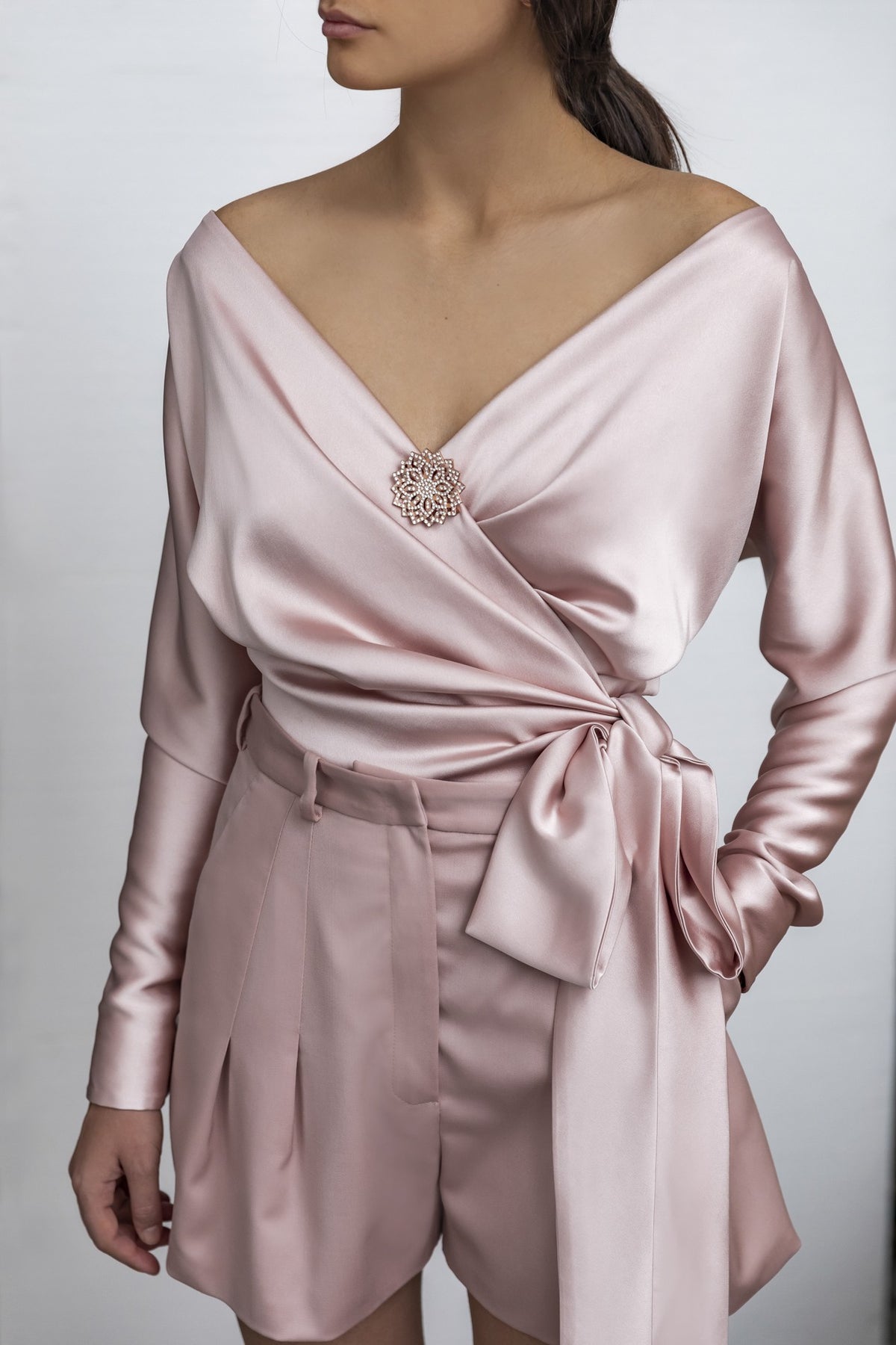 Satin Off Shoulder V-neck Bowknot Workwear Tops Shirts With Brooch