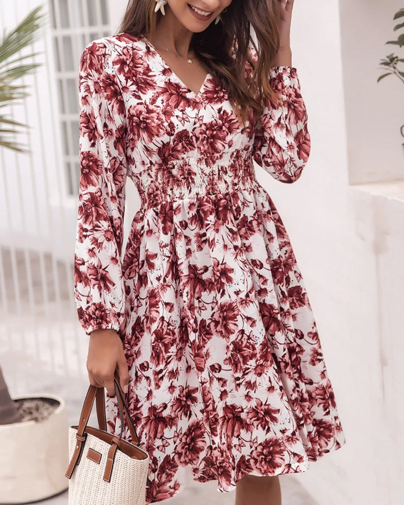 Floral V-neck Bubble Elastic Waist Long Sleeves Mini Midi Dresses