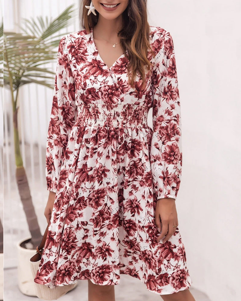 Floral V-neck Bubble Elastic Waist Long Sleeves Mini Midi Dresses