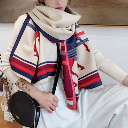 Retro Tassel Horse Pattern Warm Scarf Cashmere Thick Shawl Wrap for Women Ladies Girls