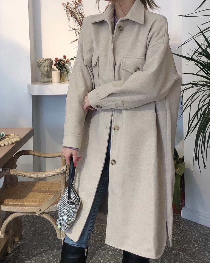 Lapel Collar Single-breasted Slit Leg Outerwear Long Coat
