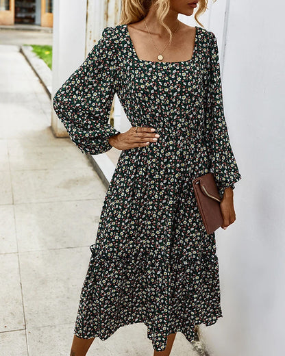 Elegant Retro Square Collar Floral Midi Dresses