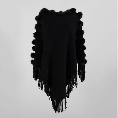 Floral Tassel Fringed Pullover Pompom Collar Sweater Cloak Shawl Cape