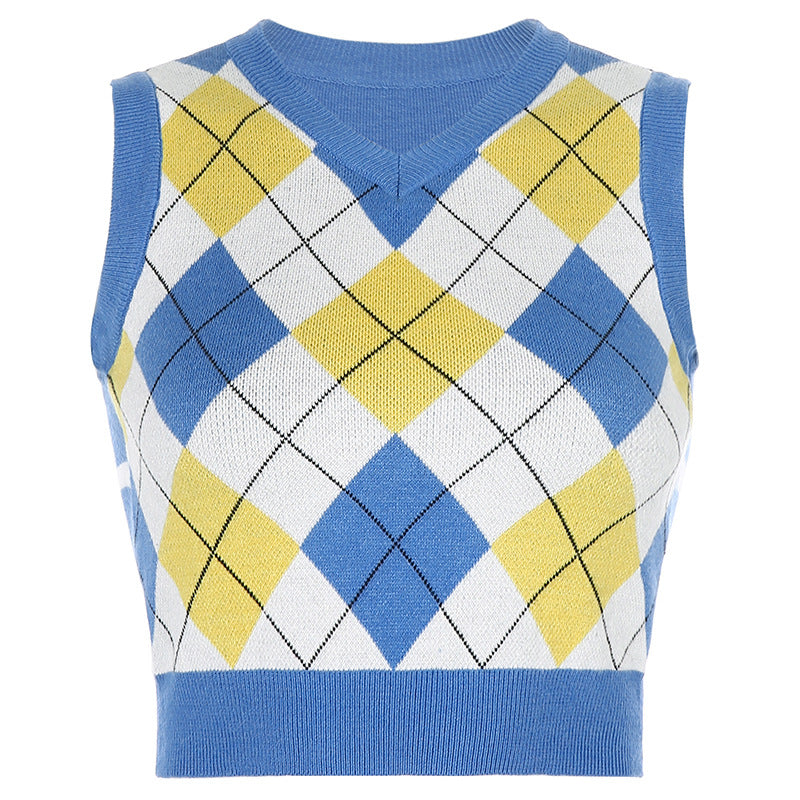 V-neck Knitting Lattice Crop Vest Sweater
