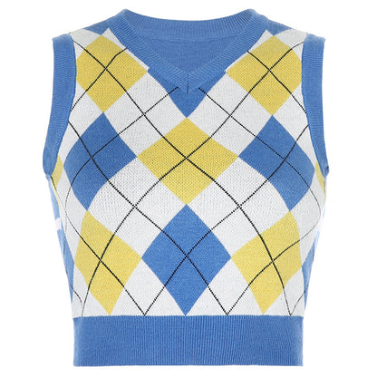 V-neck Knitting Lattice Crop Vest Sweater