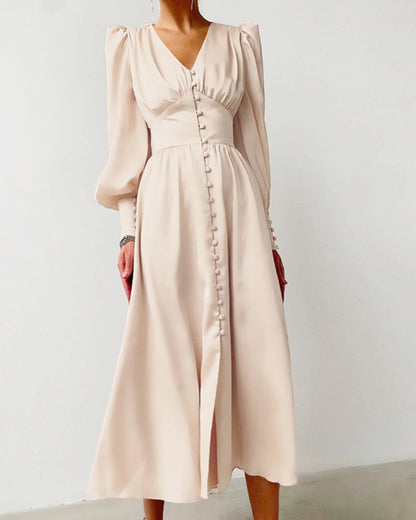 Lantern Bubble Sleeve Satin Midi Dresses