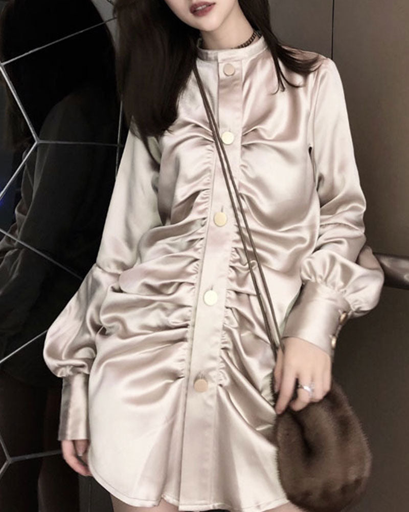 Champagne Satin Pleated Long Sleeve Gold Buttoned Shirt Mini Dresses
