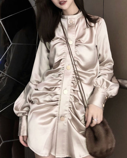 Champagne Satin Pleated Long Sleeve Gold Buttoned Shirt Mini Dresses