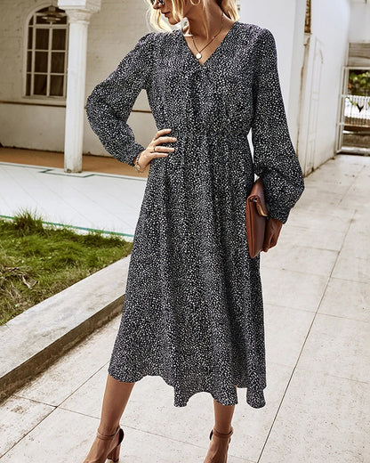 Elegant Retro V-neck Polka dot Floral Maxi Midi Dresses