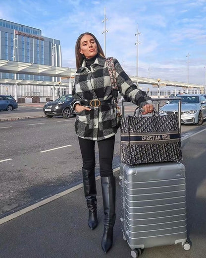 Black And White Grid Single-breasted Shirt Style Cardigan Coat
