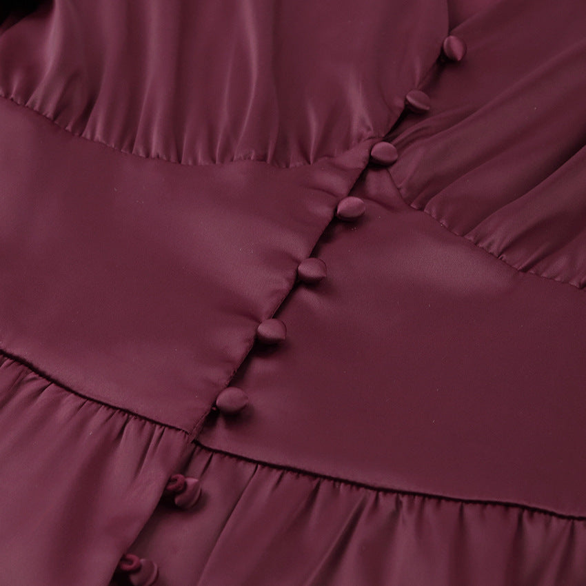 Lantern Bubble Sleeve Satin Midi Dresses