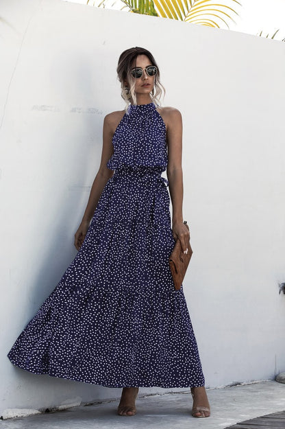 Navy Blue Wave Bohemian Boho Printed Hanging Neck Straps Maxi Dresses