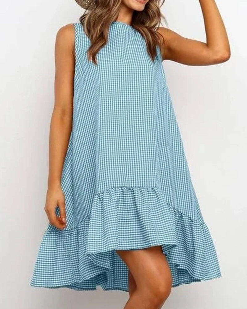 Sleeveless Plaid Round Neck Ruffles Hem Mini Dresses