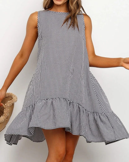 Sleeveless Plaid Round Neck Ruffles Hem Mini Dresses