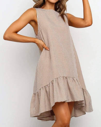 Sleeveless Plaid Round Neck Ruffles Hem Mini Dresses