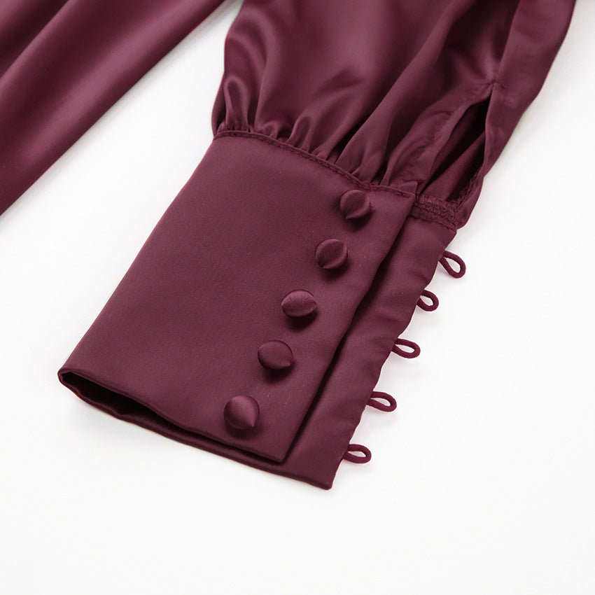 Lantern Bubble Sleeve Satin Midi Dresses Brown