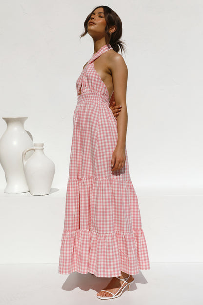 Pink Halter Backless Vacation Party Maxi Dresses