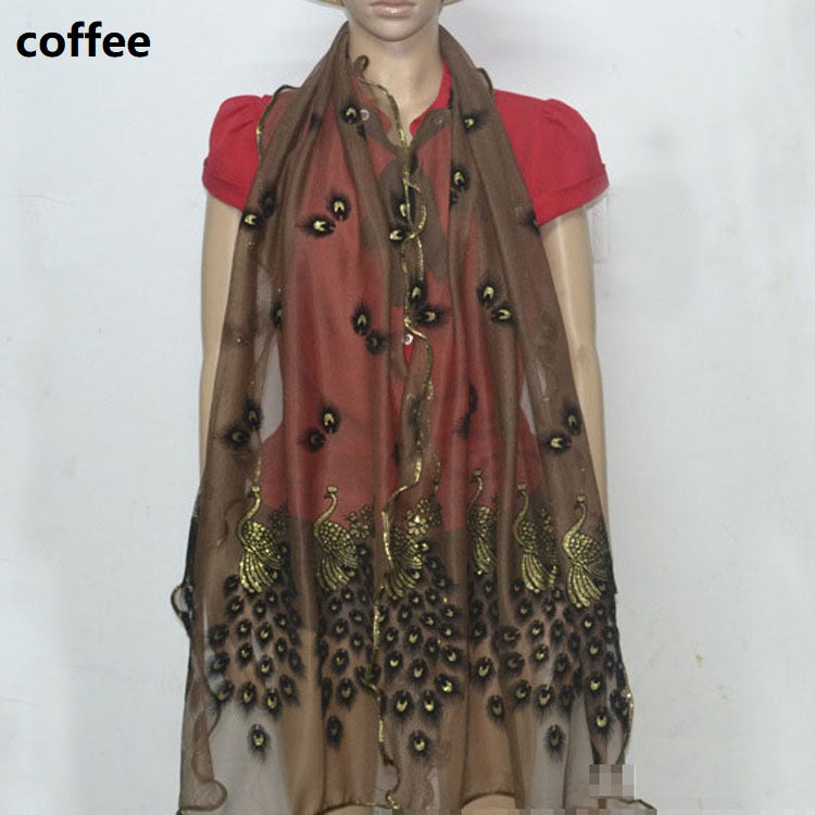 Fashion Lace Scarf Net Yarn Printing Peacock Stitching Flocking Phoenix Scarf for Women Ladies Girls