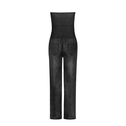 Tube Top Strapless Elastic Waist Slit Leg Denim Jumpsuit