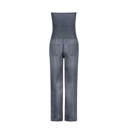 Tube Top Strapless Elastic Waist Slit Leg Denim Jumpsuit