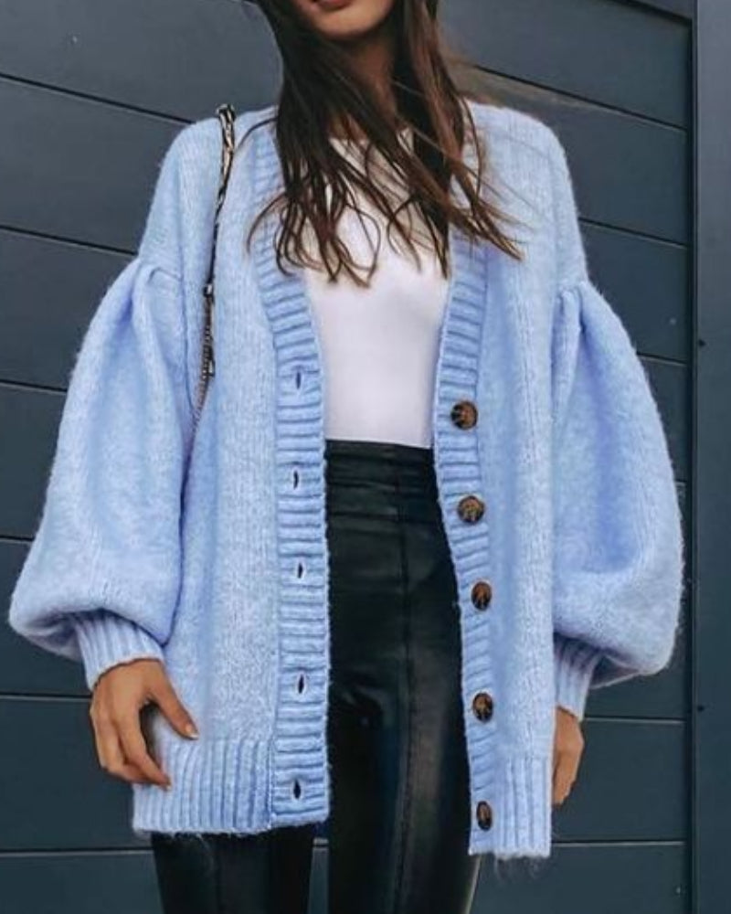 Single-breasted Lantern Sleeve V-neck Knit Cardigan Outerwear