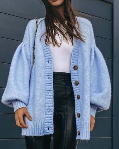 Single-breasted Lantern Sleeve V-neck Knit Cardigan Outerwear