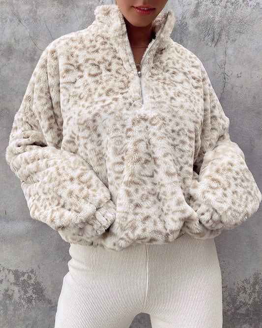 Furry Zipper High Collar Sweatshirts Shirts Blouses