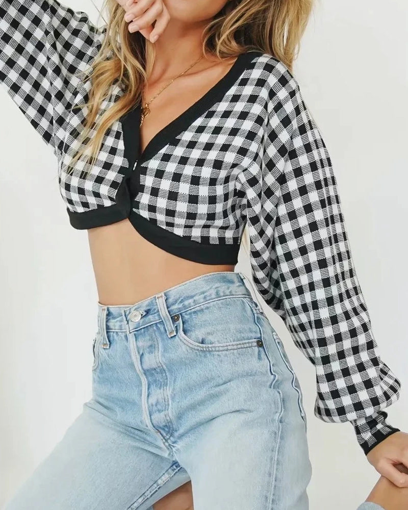Single-breasted V-neck Lattice Grid Knitting Cardigans Sweaters