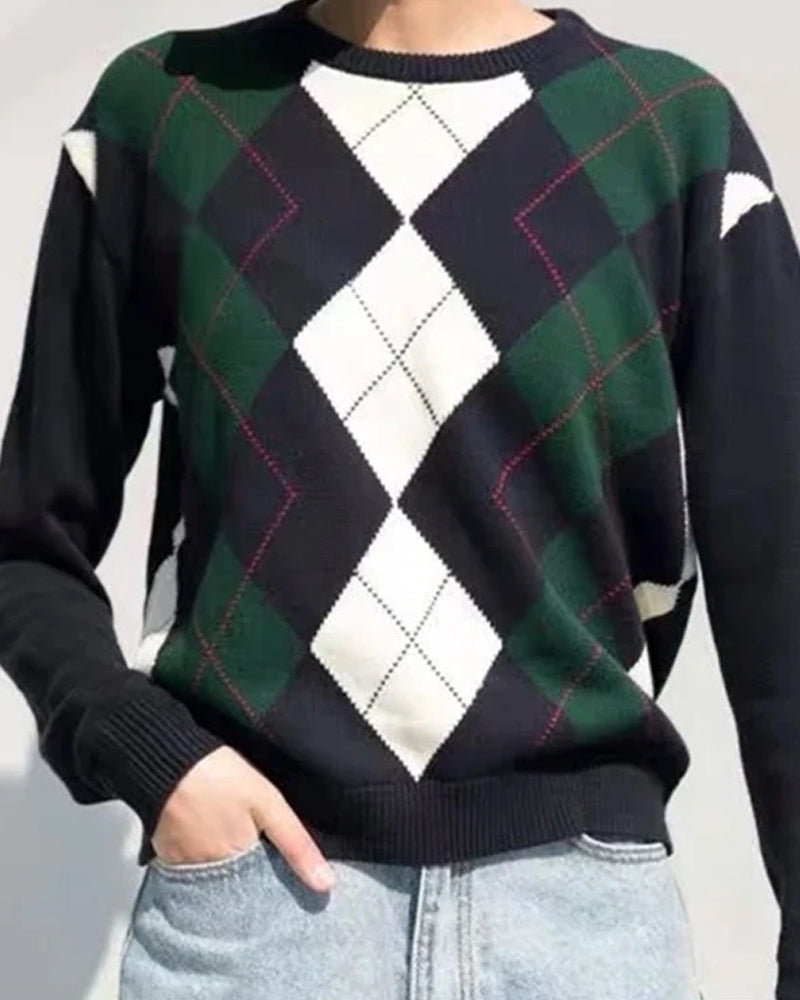 Diamond Lattice Contrast Knitting Sweater