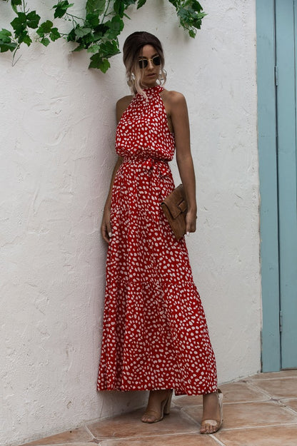 Red Wave Bohemian Boho Printed Hanging Neck Straps Maxi Dresses
