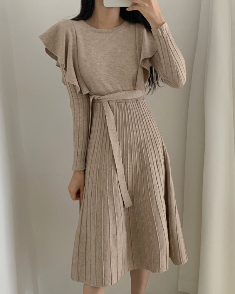 Lace-up Ruffled Flounces Splicing Knit Sweater Midi Dress