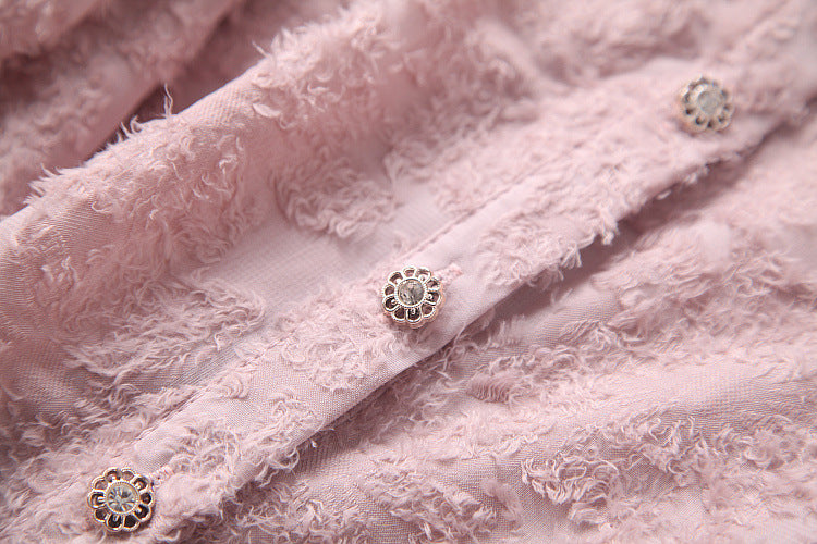 Pink Flocked Fungus Shape Collar Bow Chiffon Top & Diamond Plaid Skirt Dress Suit wt8181932285
