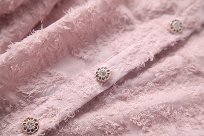 Pink Flocked Fungus Shape Collar Bow Chiffon Top & Diamond Plaid Skirt Dress Suit wt8181932285